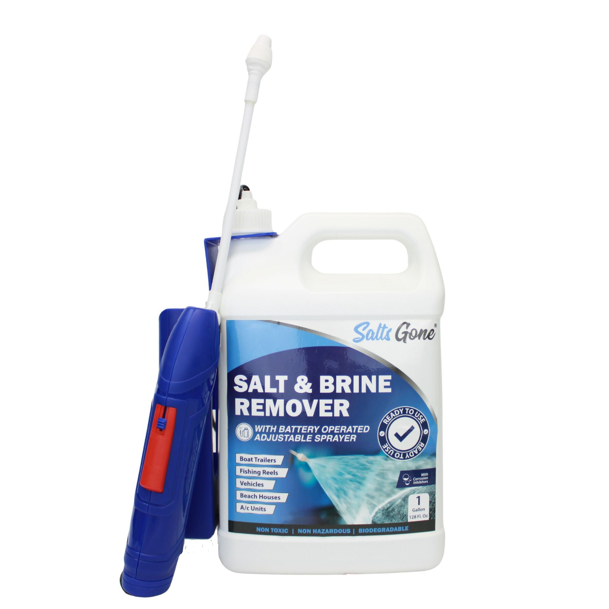 Combination Pack: 2 Gallons Salts Gone™, Hose End Sprayer, Motor Flush  Attachment